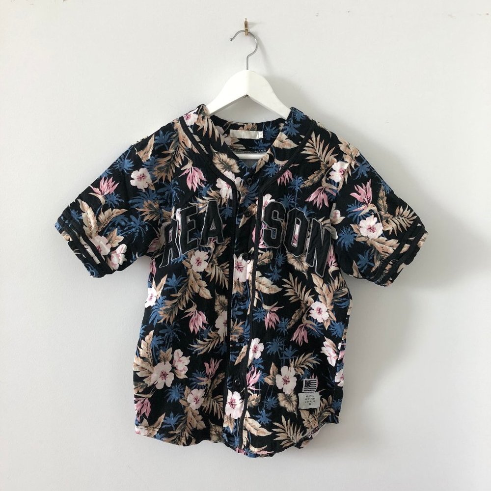 Black Reason Tropical Print Baseball Jersey